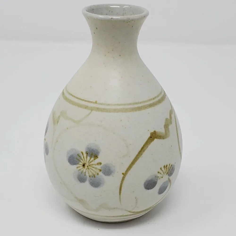 Otagiri Japan Art pottery Stoneware Bud vase MCM hand painted Blue‎ flower Vtg